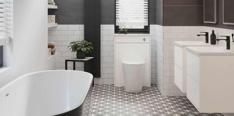 This image is showing the Balham Black Bath and Perla Matt White units