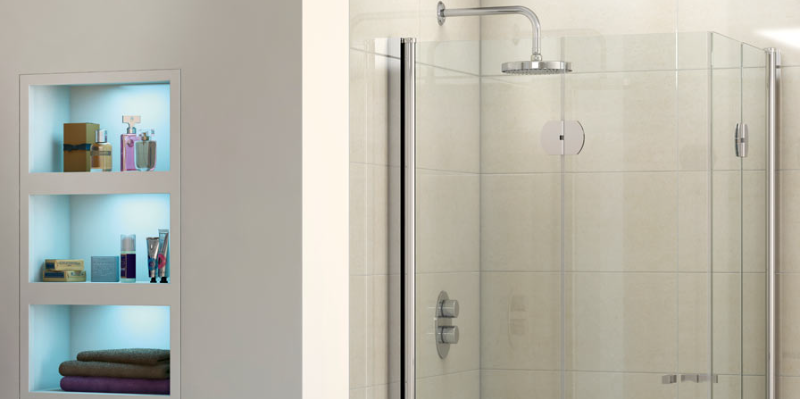 Square shower enclosure with a round shower head